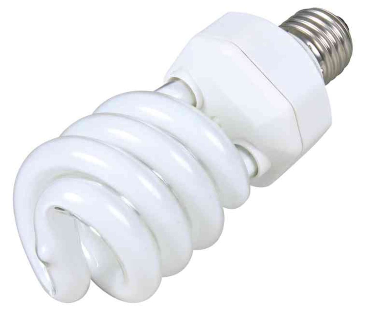 Eine weiße, spiralförmige Energiesparlampe mit silbernem Schraubgewinde, auf weißem Hintergrund abgebildet.