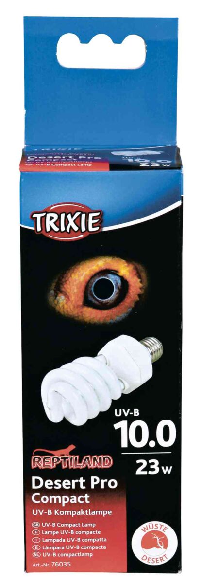 Verpackung einer UV-B Kompaktlampe mit abgebildeter Glühbirne, blauem Hintergrund und dem Aufdruck "Desert Pro Compact".