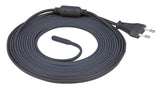 Langes schwarzes Kabel mit Steckdosenstecker und runder Verdickung in der Mitte, aufgerollt und flachliegend.