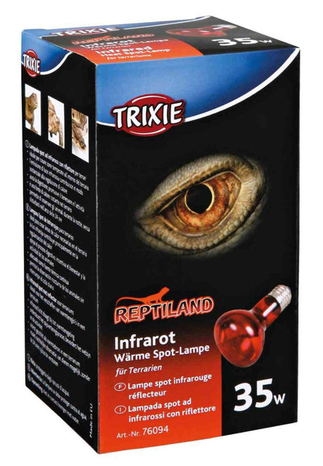 Verpackung einer Infrarot-Wärmelampe für Terrarien mit dem Bild eines Reptilienauges, Marke Trixie, 35 Watt.
