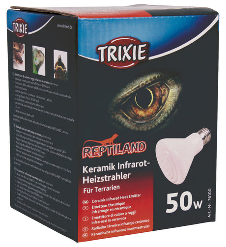 Verpackung eines 50-Watt-Keramik-Infrarot-Heizstrahlers für Terrarien, mit dem Markennamen Trixie und Tieraugenbild.