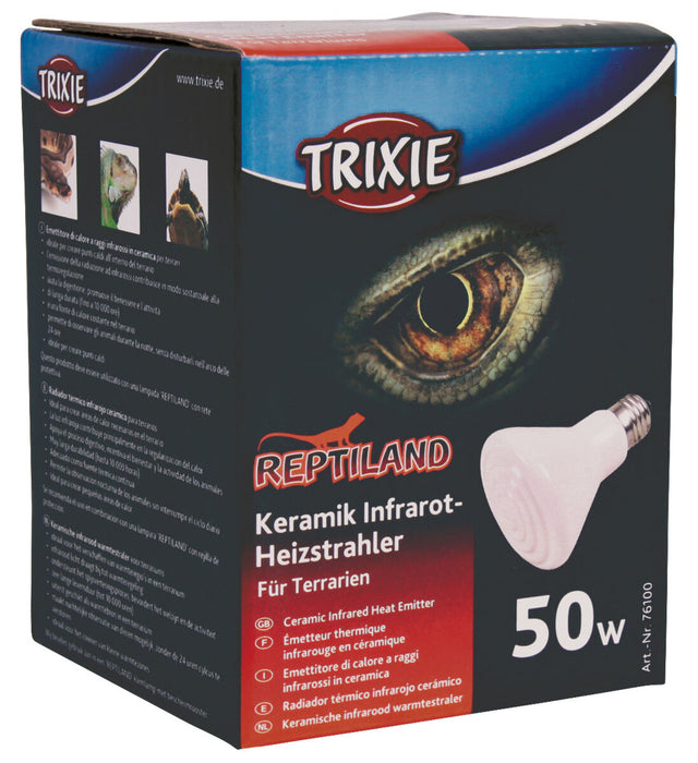 Verpackung eines 50-Watt-Keramik-Infrarot-Heizstrahlers für Terrarien, mit dem Markennamen Trixie und Tieraugenbild.