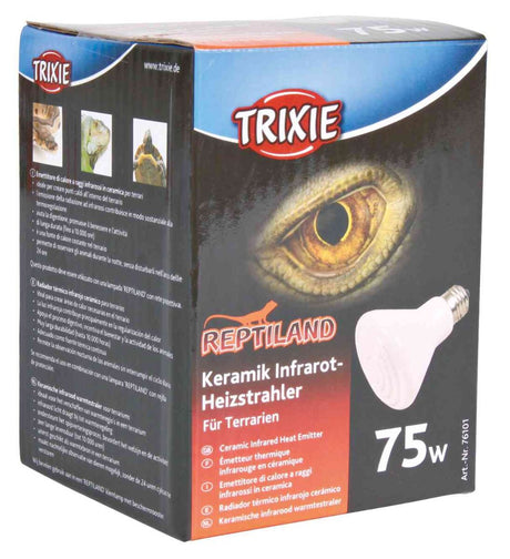 Verpackung eines Keramik-Infrarot-Heizstrahlers für Terrarien von Trixie, 75W, mit Bild eines Reptilienauges.