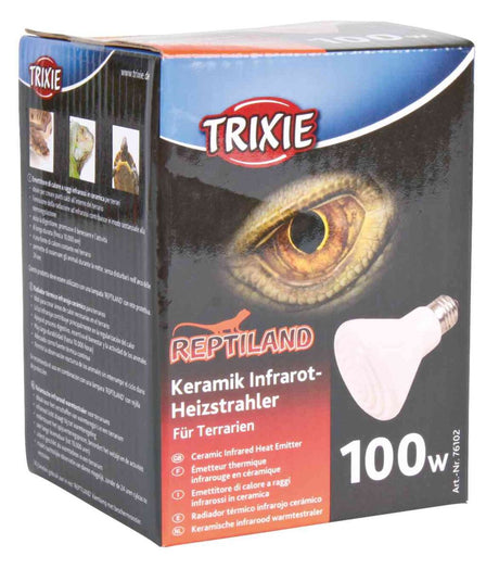 Verpackung eines Trixie Keramik Infrarot-Heizstrahlers für Terrarien mit 100W Leistung, Bild eines Reptilienauges.