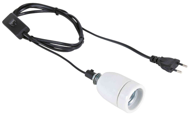 Weiße Lampenfassung mit schwarzem Kabel und Schalter, zweipoliger Stecker am Kabelende.