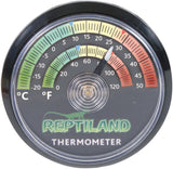Rundes Thermometer mit Skala in Grün, Gelb, Rot für °C und °F, zeigt auf 25°C, Markenname Reptiland sichtbar.