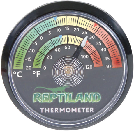 Rundes Thermometer mit Skala in Grün, Gelb, Rot für °C und °F, zeigt auf 25°C, Markenname Reptiland sichtbar.