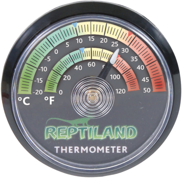 Rundes Thermometer mit Skala in Grün, Gelb, Rot für °C und °F, zeigt auf 25°C, Markenname Reptiland sichtbar.