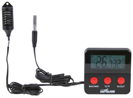 Digitales Thermometer mit schwarzem Gehäuse, zwei Sensoren an Kabeln, Anzeige von Temperatur und Luftfeuchtigkeit.
