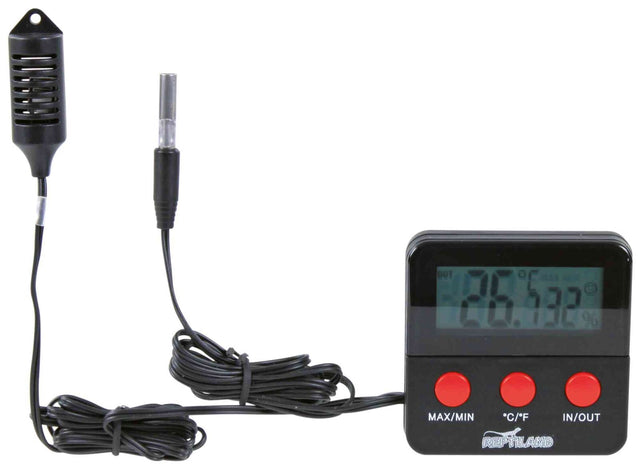 Digitales Thermometer mit schwarzem Gehäuse, zwei Sensoren an Kabeln, Anzeige von Temperatur und Luftfeuchtigkeit.