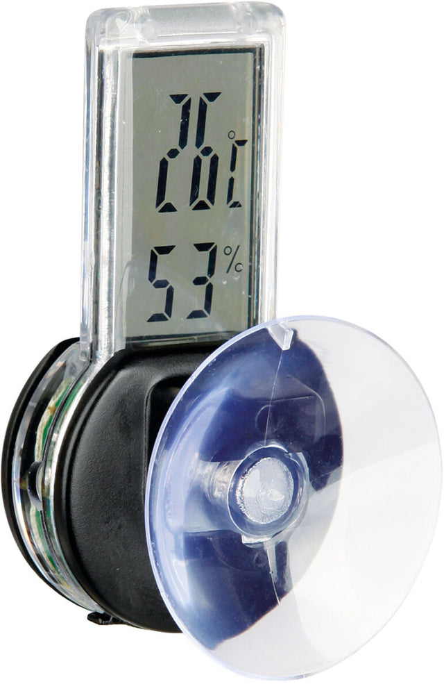 Digitales Thermo-Hygrometer mit Saugnapf, zeigt 26°C und 53% an, schwarzes Gehäuse und transparenter Saugnapf.