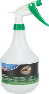 Weiße Sprühflasche mit grünem Auslöser und Etikett mit Reptilienauge und Produktinformationen.