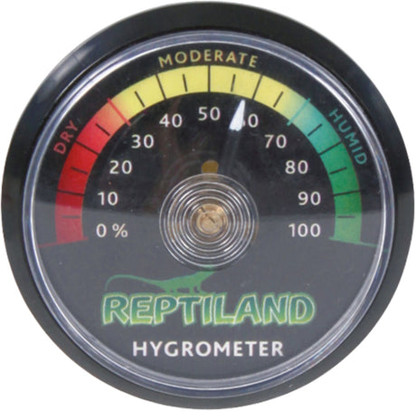 Rundes Hygrometer mit Anzeige von 0-100, farblich von Rot zu Grün verlaufend, Text „REPTILAND HYGROMETER“.