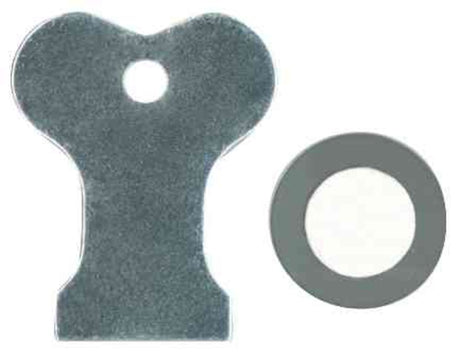 Metallisches, schlüsselförmiges Objekt mit Öffnung und daneben ein grauer Ring mit hellem Inneren.
