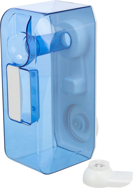 Blauer, transparenter Behälter mit weißem, abnehmbaren Deckel und eingebauten Mechanismus sichtbar im Inneren.