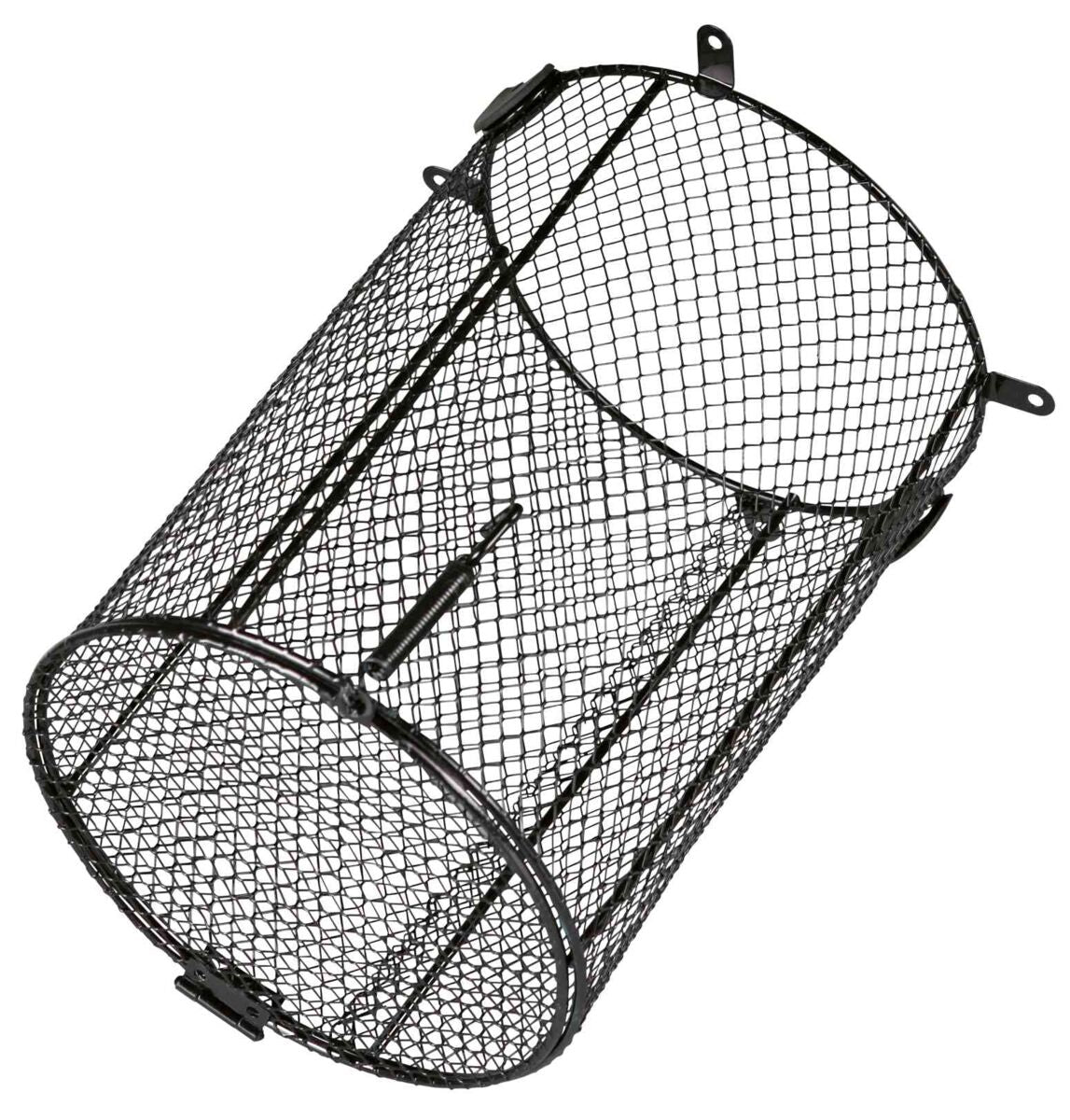 Zylindrischer schwarzer Drahtkorb mit Gitternetzstruktur und mehreren Befestigungspunkten.