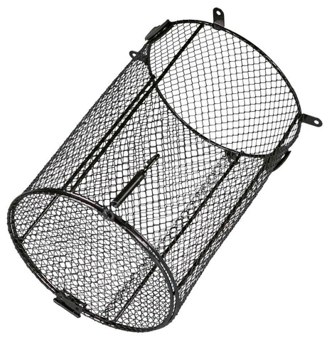 Zylindrischer schwarzer Drahtkorb mit Gitternetzstruktur und mehreren Befestigungspunkten.