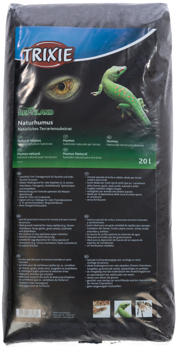 Verpackung von Trixie Naturhumus, einem natürlichen Terrariensubstrat mit Informationen in sechs Sprachen, 20 Liter.