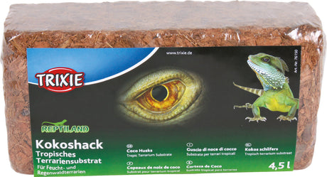 Paket Kokosfasern für Tropenterrarien, mit Verpackungsdesign eines Reptilienauges und grünem Reptil, 4,5 Liter.