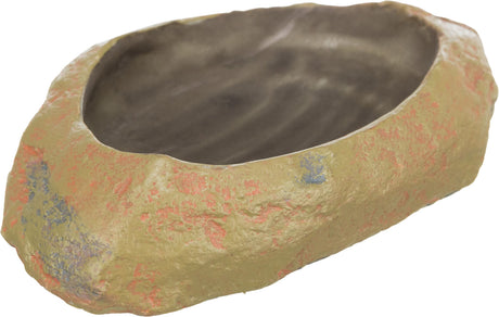 Ovale braune Schale mit ungleichmäßiger, rauer Oberfläche in grün, rosa und blauen Farbtönen.