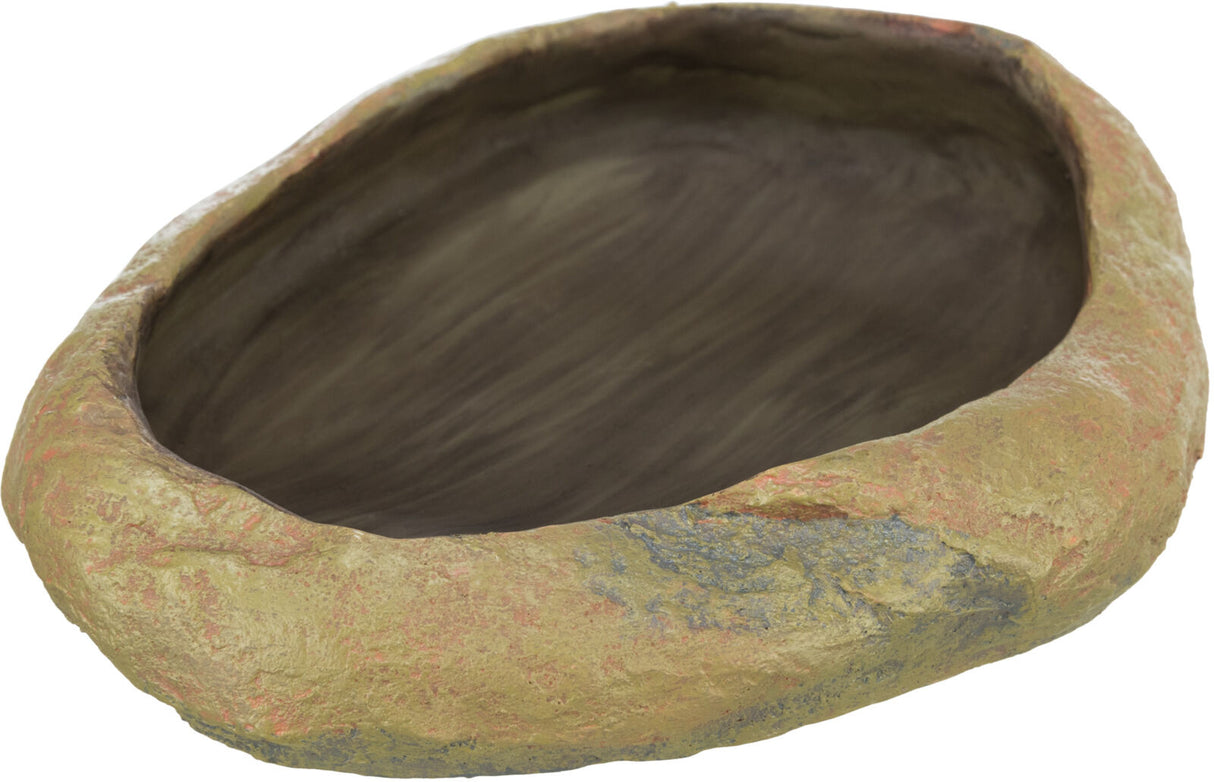 Steinschale mit unregelmäßiger Oberfläche, außen beige und innen dunkelbraun, oval geformt.
