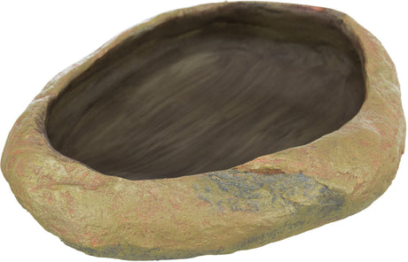 Steinschale mit unregelmäßiger Oberfläche, außen beige und innen dunkelbraun, oval geformt.