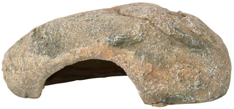 Steinähnliches Objekt in Halbbogenform mit rauer, unregelmäßiger Oberfläche in beige-grauer Farbe.