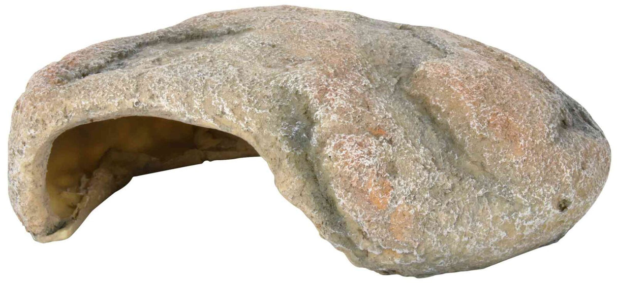 Steinähnliche Höhle mit offener Vorderseite, beige und grau gefärbt, mit unregelmäßiger strukturierter Oberfläche.
