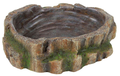 Flache, steinartige Schale mit grünen Akzenten, strukturierte Oberfläche, braune und graue Farbtöne.