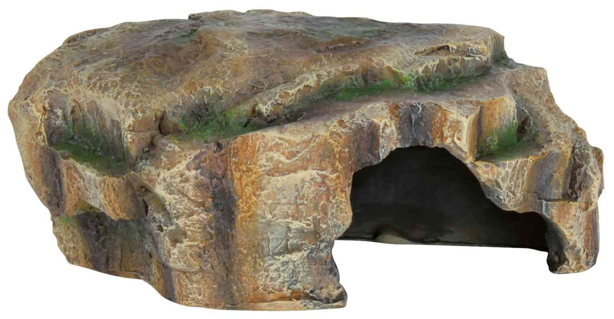 Gesteinsformation mit Höhle, braun und grünlich gefärbt, mit ungleichmäßiger Oberfläche und großem Zugang.