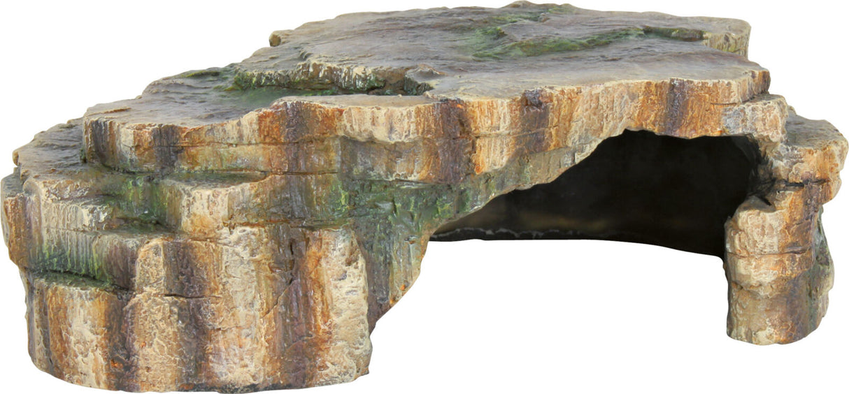 Felsstruktur mit natürlichen Farben und grünlichen Akzenten, bildet eine kleine Höhle oder Durchgang.