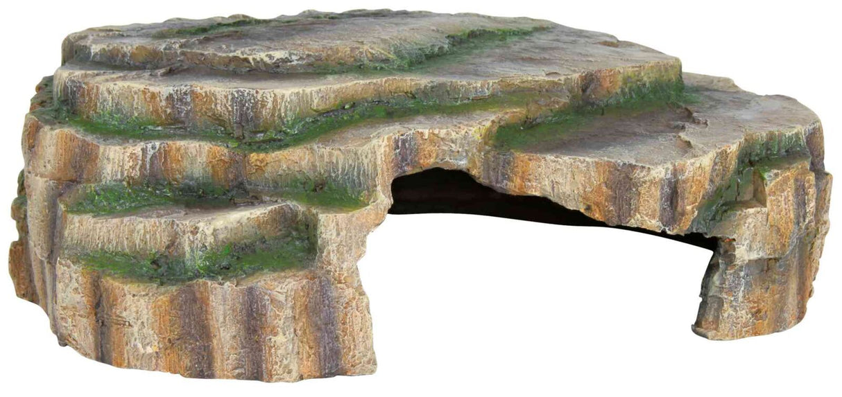 Naturgetreue, flache Höhle aus Steinimitat mit grünlichen Details, geeignet als Deko-Element oder Versteck.