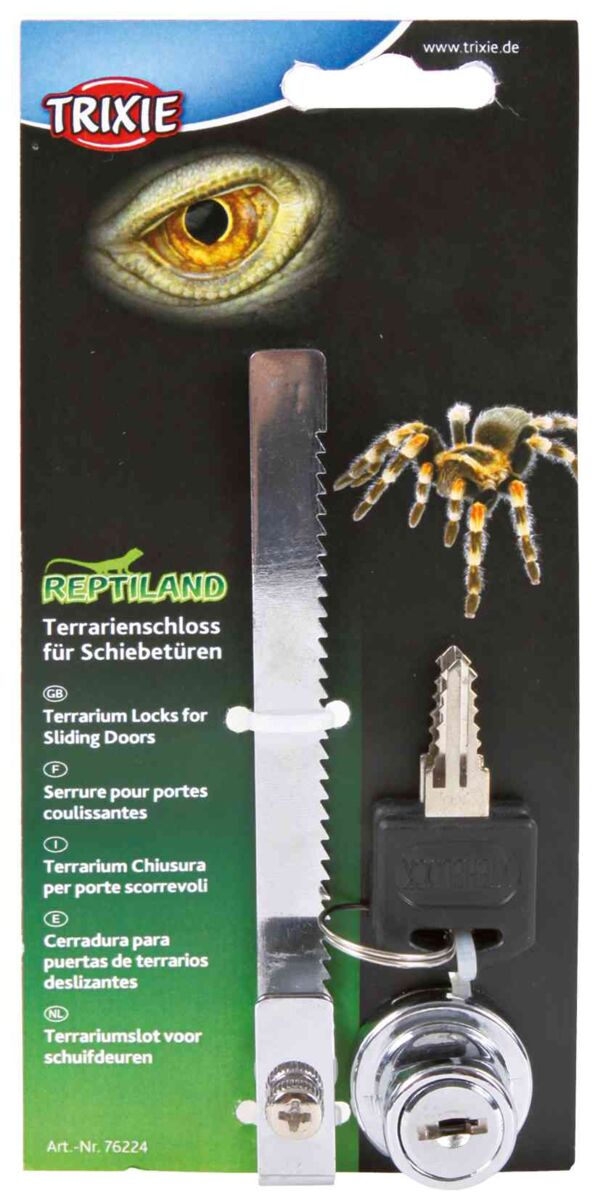 Verpackung eines Terrarienschlosses für Schiebetüren mit einem Schiebeaufsatz, Schlüssel und Abbildungen von einem Auge und einer Spinne.