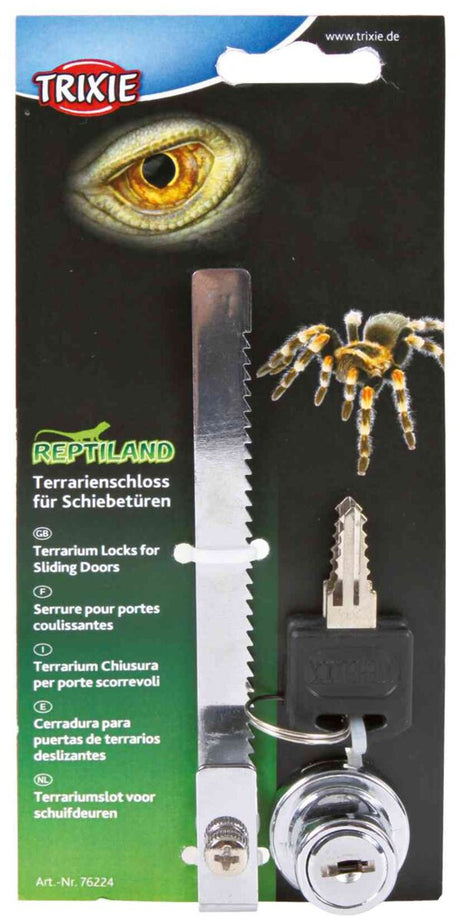 Verpackung eines Terrarienschlosses für Schiebetüren mit einem Schiebeaufsatz, Schlüssel und Abbildungen von einem Auge und einer Spinne.