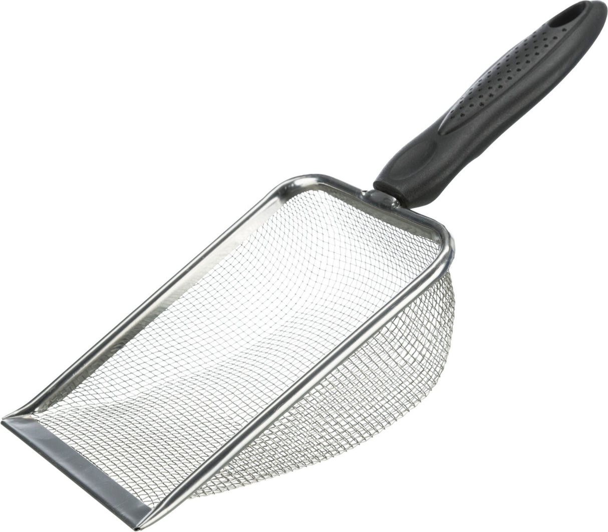 Metallschaufel mit feinem Maschennetz und schwarzem, rutschfestem Griff.
