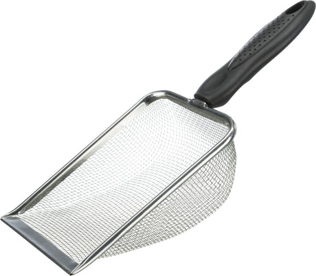 Metallschaufel mit feinem Maschennetz und schwarzem, rutschfestem Griff.