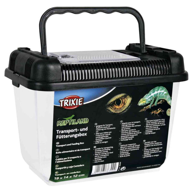 Transparente Transport- und Fütterungsbox mit schwarzem Griff und Deckel, Markenname "Trixie Reptiland" auf der Beschriftung.