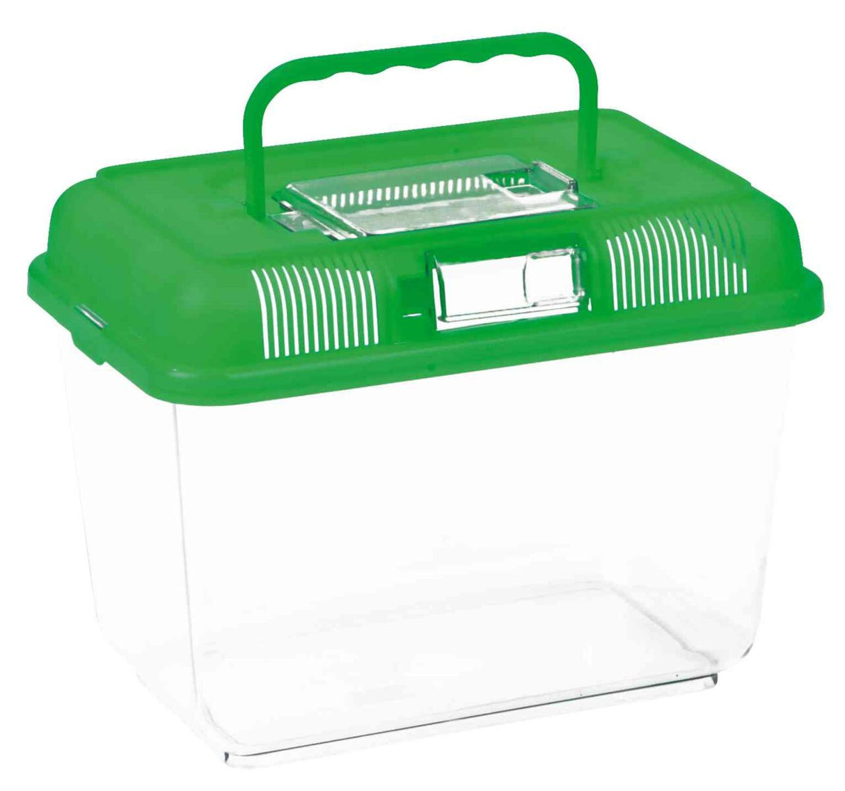 Transparente Kunststoffbox mit grünem Deckel und Griff, belüfteten Seiten und durchsichtiger Klappe.