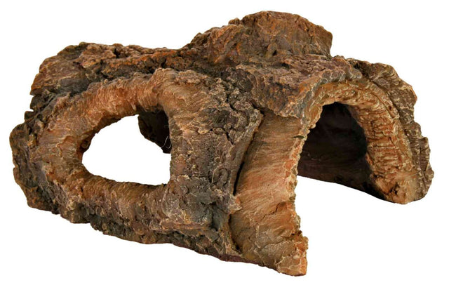 Hohle Baumstamm-Dekoration mit rauer, natürlicher Holzstruktur und dunkler Öffnung auf weißem Hintergrund.