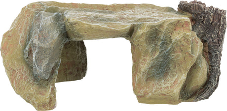 Steinähnliche Dekoration mit brauner und grauer Struktur, Form erinnert an kleine Höhle oder Felsvorsprung.