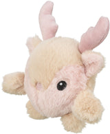 Ein plüschiges, rundes Spielzeug in Rosa und Beige mit kleinen Hörnern und schwarzen Augen.