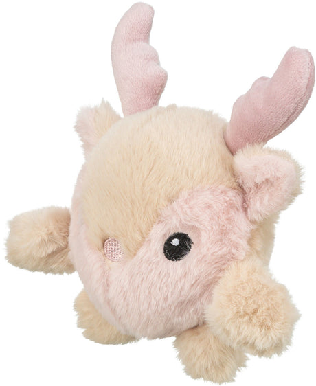 Ein plüschiges, rundes Spielzeug in Rosa und Beige mit kleinen Hörnern und schwarzen Augen.