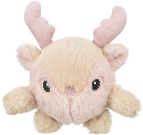 Plüschspielzeug in Form eines runden Tieres mit braunem Fell, großen schwarzen Augen und rosa Hörnern.
