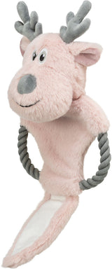 Plüschspielzeug in Form eines rosa Rentiers mit grauen Hörnern und Seilen an den Seiten.