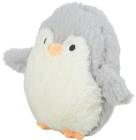 Plüsch-Pinguin mit grauem und weißem Fell, oranger Schnabel und Füße, schwarze Augen.