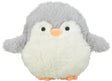 Ein plüschiger Pinguin in Grau und Weiß mit orangem Schnabel und Füßen auf weißem Hintergrund.