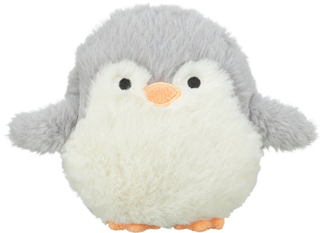 Ein plüschiger Pinguin in Grau und Weiß mit orangem Schnabel und Füßen auf weißem Hintergrund.