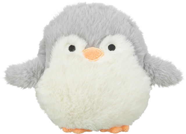 Ein plüschiger Pinguin in Grau und Weiß mit orangem Schnabel und Füßen auf weißem Hintergrund.