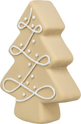 Beigefarbener Tannenbaum aus festem Material mit weißen Linien und Punkten als Dekoration.