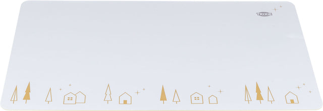 Weiße Unterlage mit goldenen Tannenbäumen und Häusern auf der unteren Seite, Trixie-Logo oben rechts.